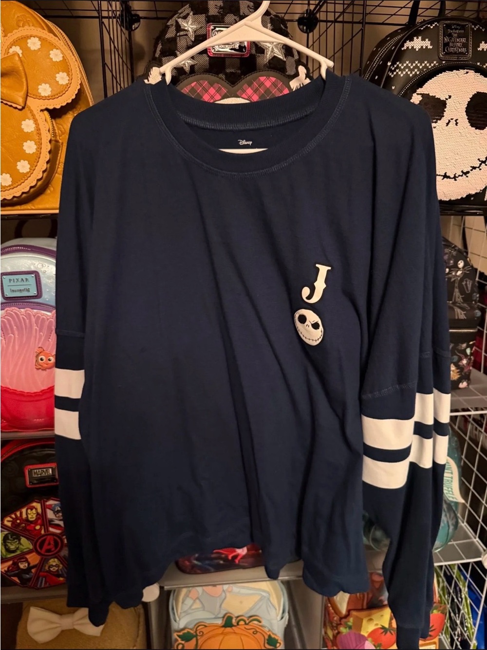 Disney Navy and White Long-Sleeve Kids Top with Jack Skellington Patch